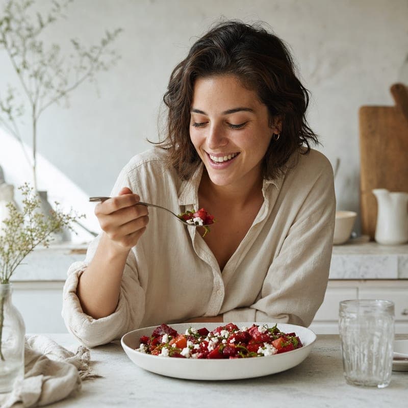 Sarah Hamilton tasting a home-cooked dish
